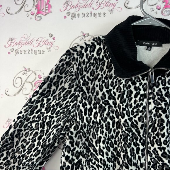 Jones Studio sweater zip up cheetah animal print black White Leopard Print Top - Picture 7 of 12